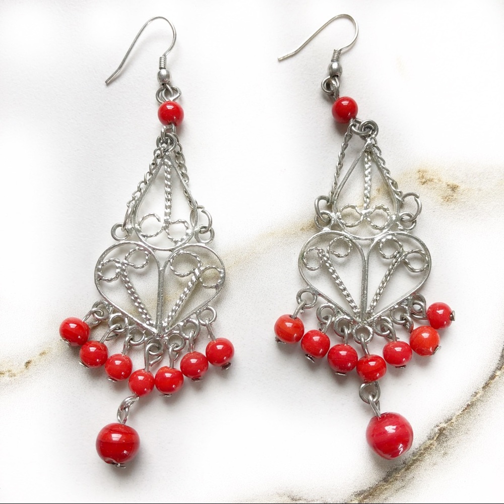Silver & Red Beaded Chandelier Earrings